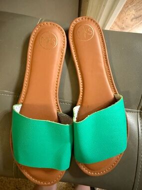Green Slide Sandals with Tan Footbed - Women's Casual Slides